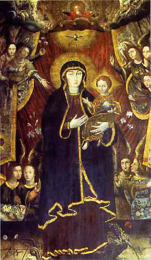 Virgin Mary on the dragon surrounded by angels.